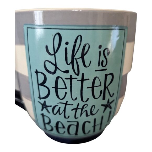 Laura Kirkland Life is better at the beach coffee mug 4.5 in gray white blue - Picture 3 of 8